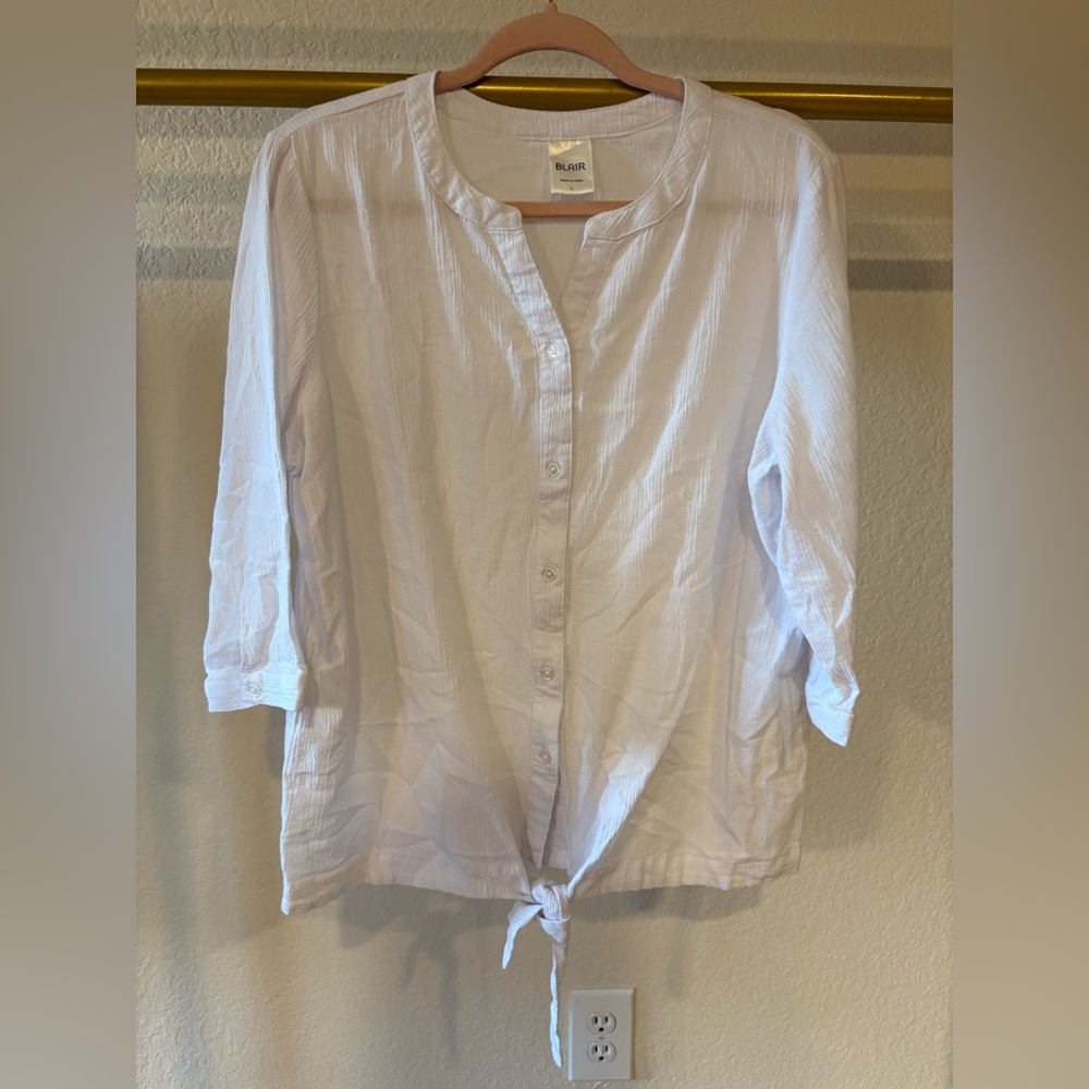 White cotton gauze button up 3/4 sleeve shirt